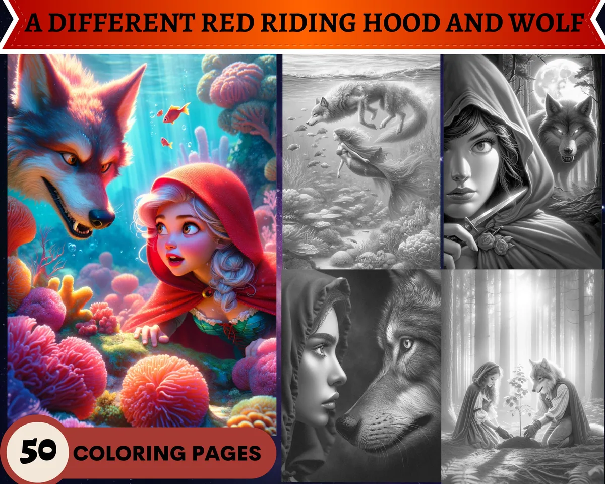 A Different Red Riding Hood and Wolf Grayscale Coloring Pages