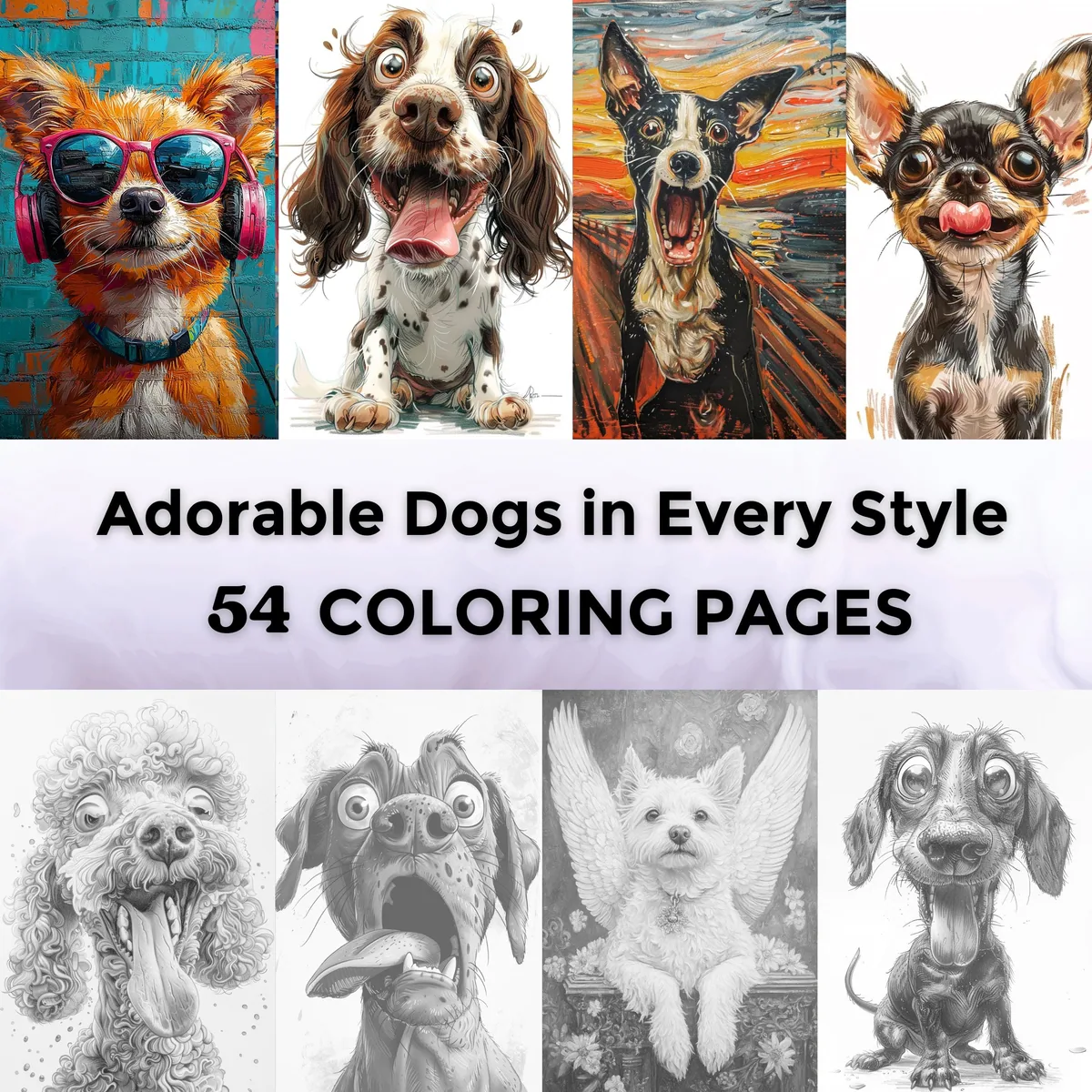 Adorable Dogs in Every Style Grayscale Coloring Pages