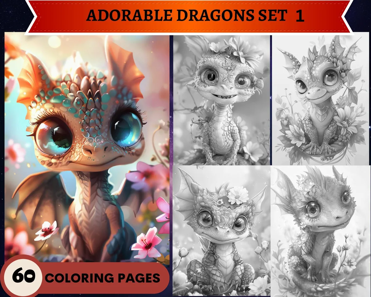 Adorable Dragons Set 1 Grayscale Coloring Pages