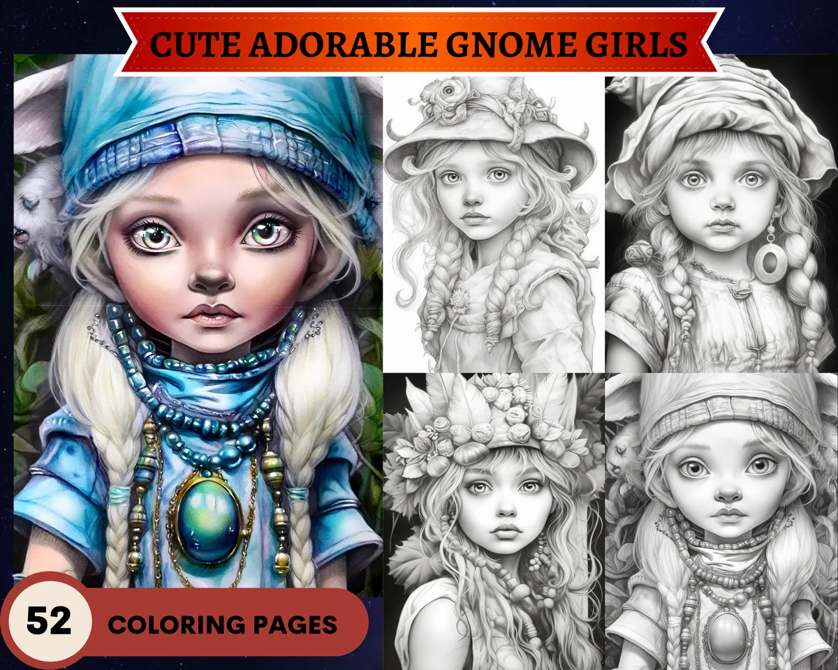 Adorable Gnome Girls Grayscale Coloring Pages