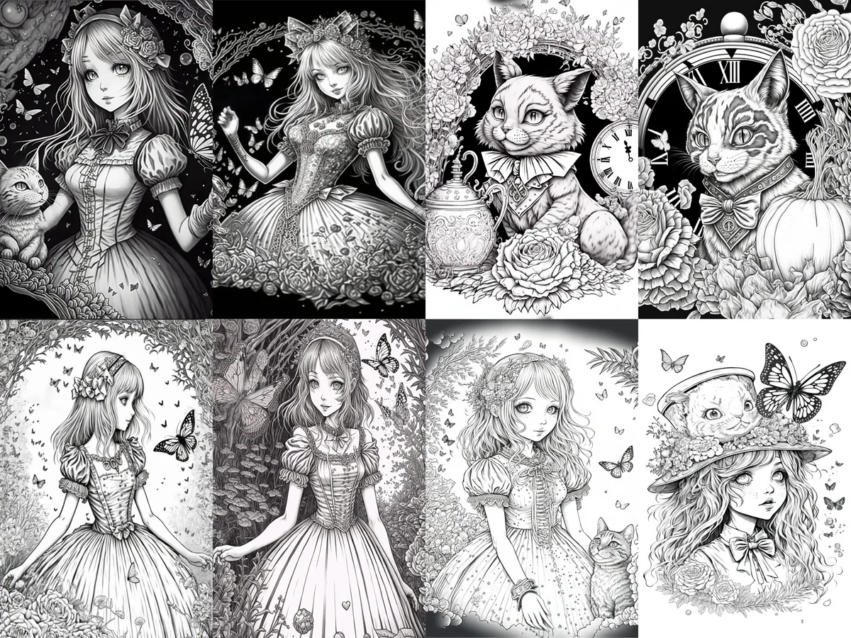 Alice in Wonderland and Cheshire cat Grayscale Coloring Pages