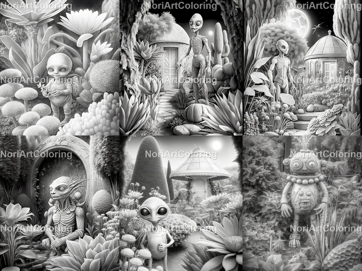 Alien Worlds Grayscale Coloring Pages