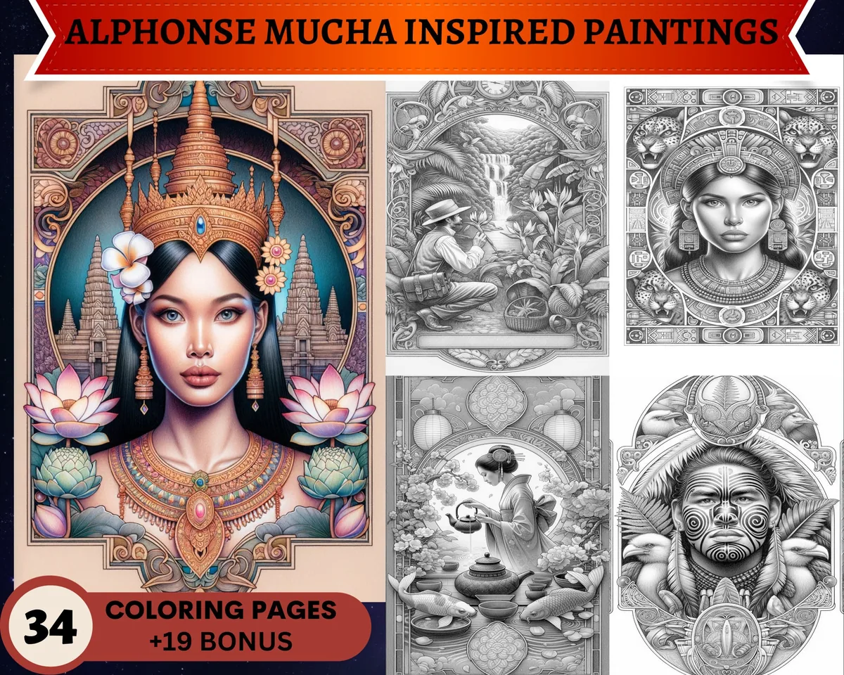 Alphonse Mucha Inspired Paintings Grayscale Coloring Pages