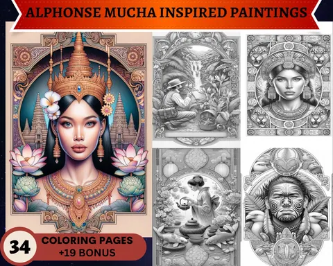 Alphonse Mucha Inspired Paintings grayscale coloring pages