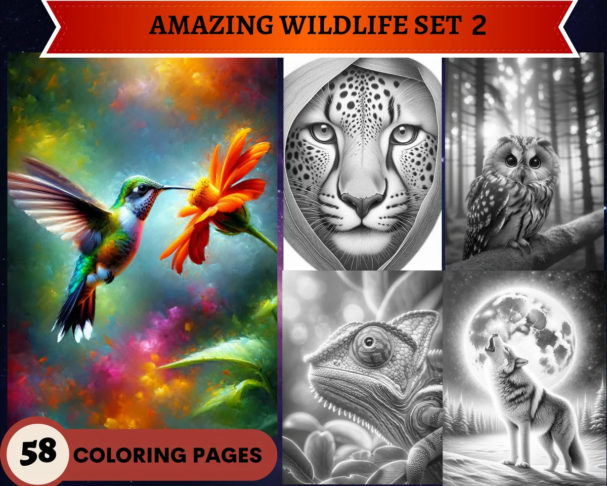 Amazing Wildlife Set 2 Grayscale Coloring Pages