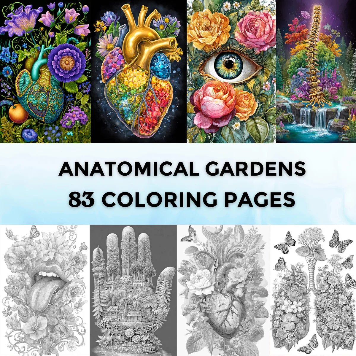 Anatomical Gardens Grayscale Coloring Pages
