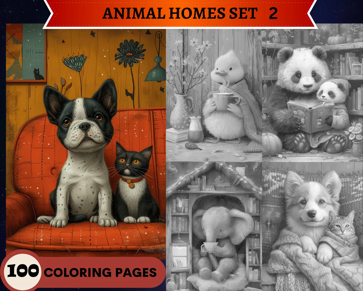 Animal Homes Set 2 Grayscale Coloring Pages