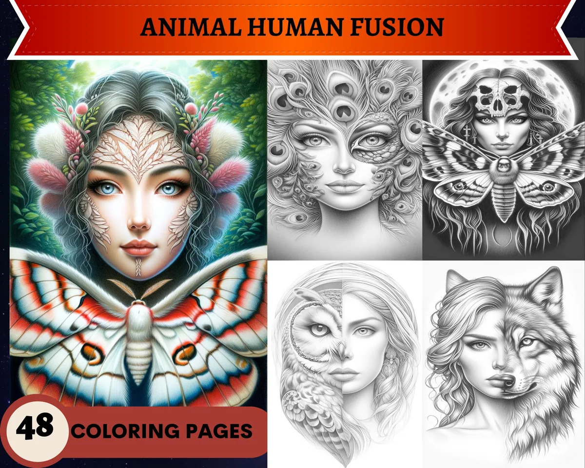 Animal Human Fusion Grayscale Coloring Pages