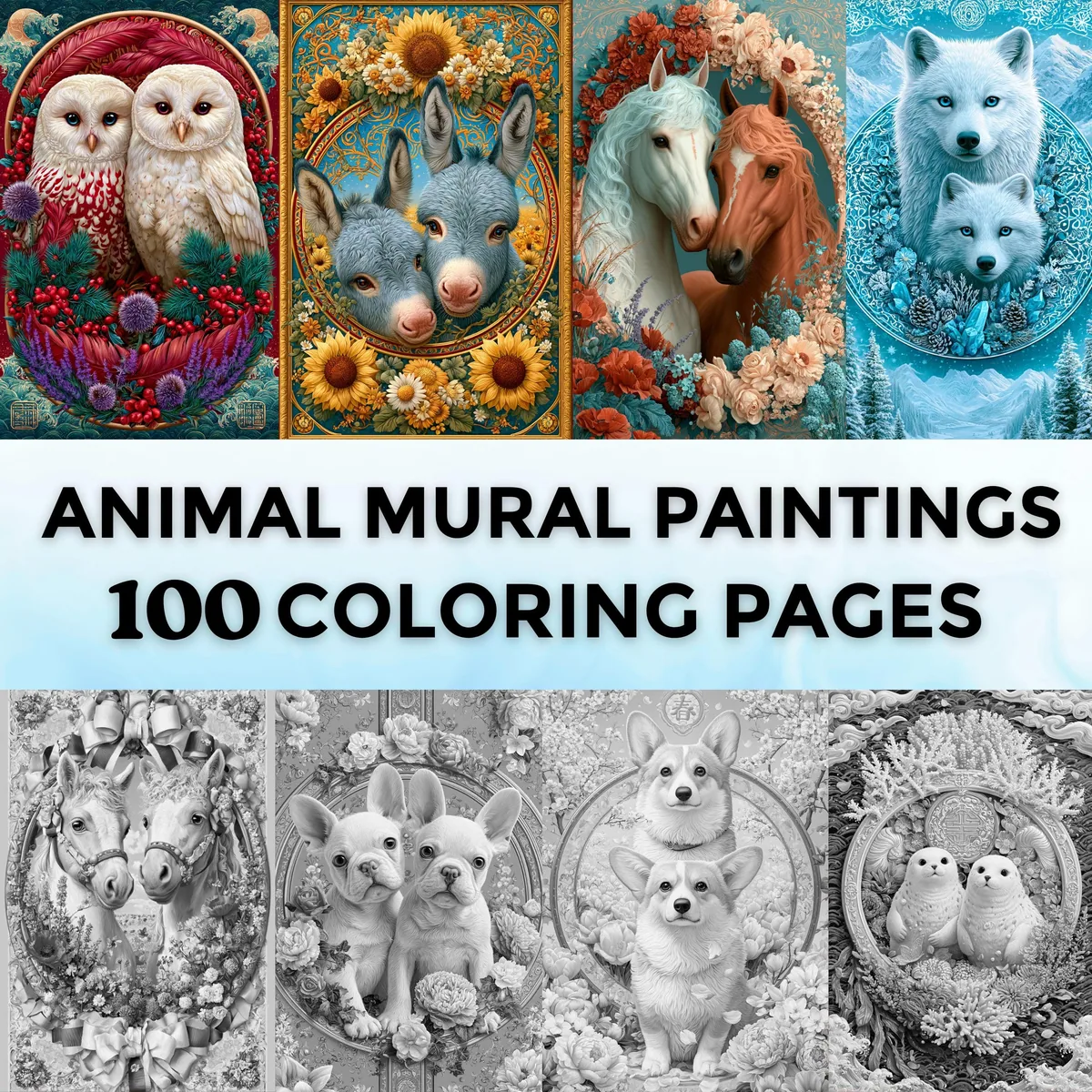 Animals Mural Paintings Grayscale Coloring Pages