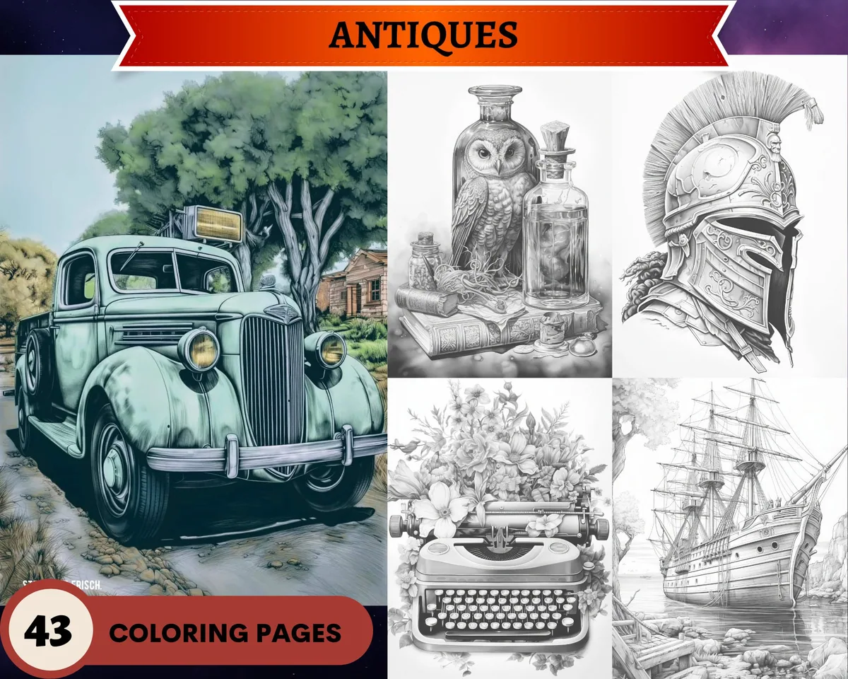 Antiques Set Grayscale Coloring Pages
