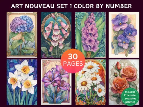 Art Nouveau Botanical Flowers Set 1 color by number pages
