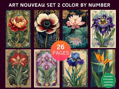 Art Nouveau Botanical Flowers Set 2 color by number pages