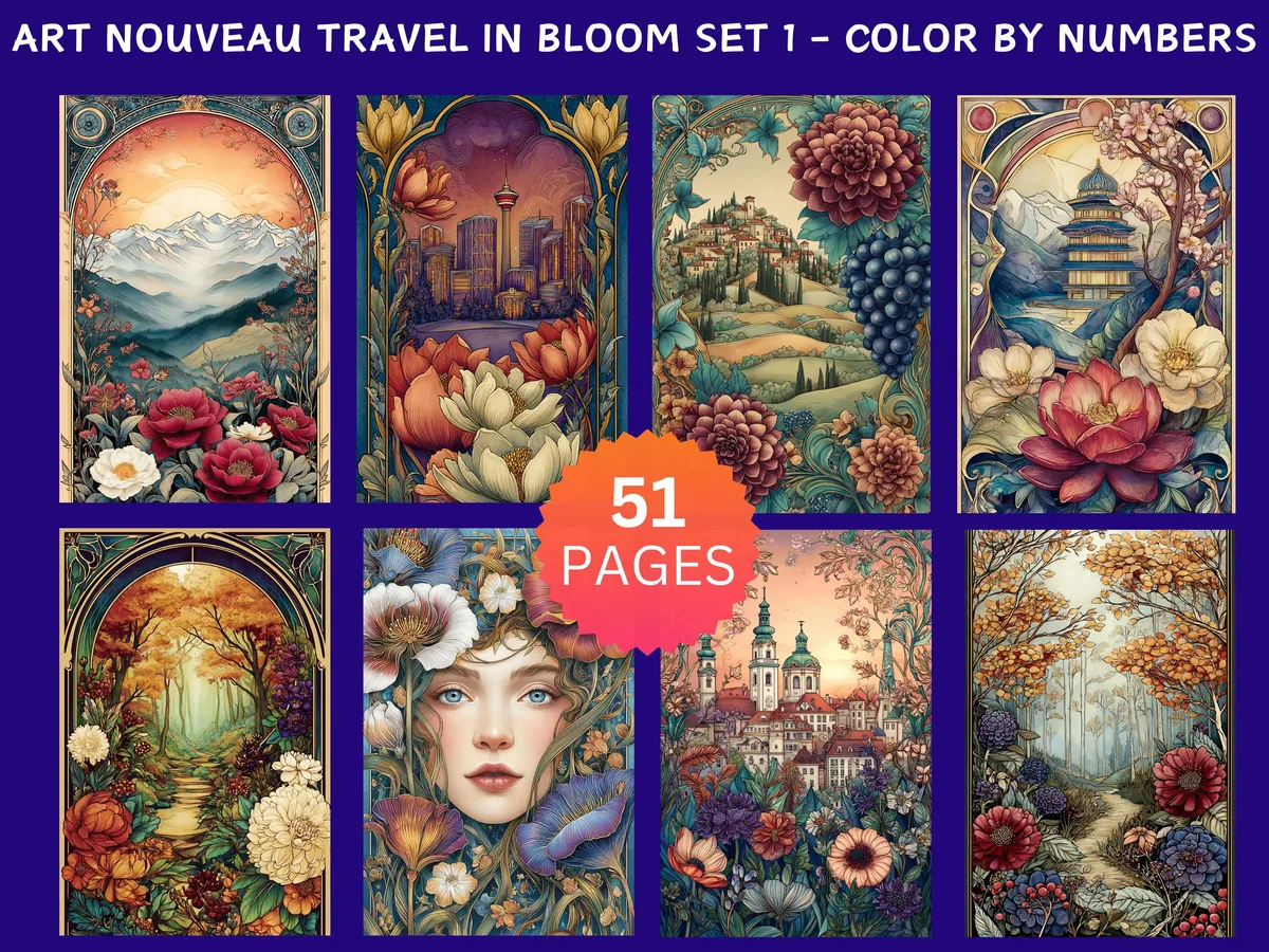 Art Nouveau Travel in Bloom Set 1 Color by Number