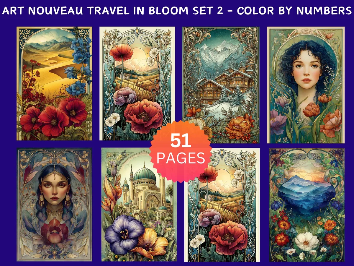 Art Nouveau Travel in Bloom Set 2 Color by Number