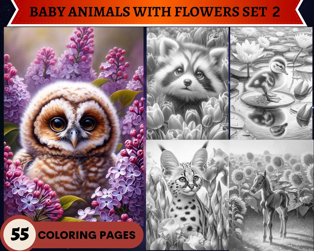 Baby Animals with Flowers Set 2 Grayscale Coloring Pages