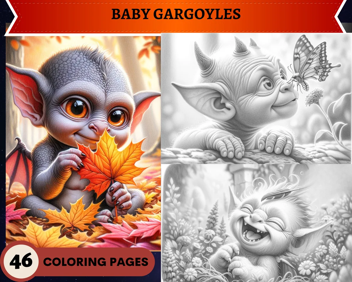 Baby Gargoyles Grayscale Coloring Pages
