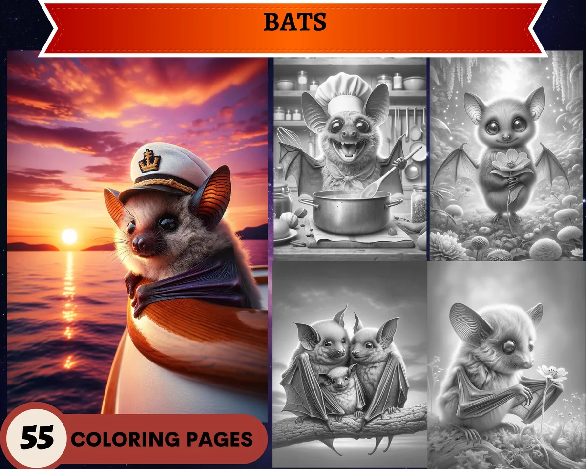 Bats Grayscale Coloring Pages