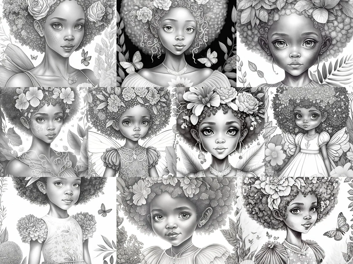Beautiful Afro Fairies Vol 3 Grayscale Coloring Pages