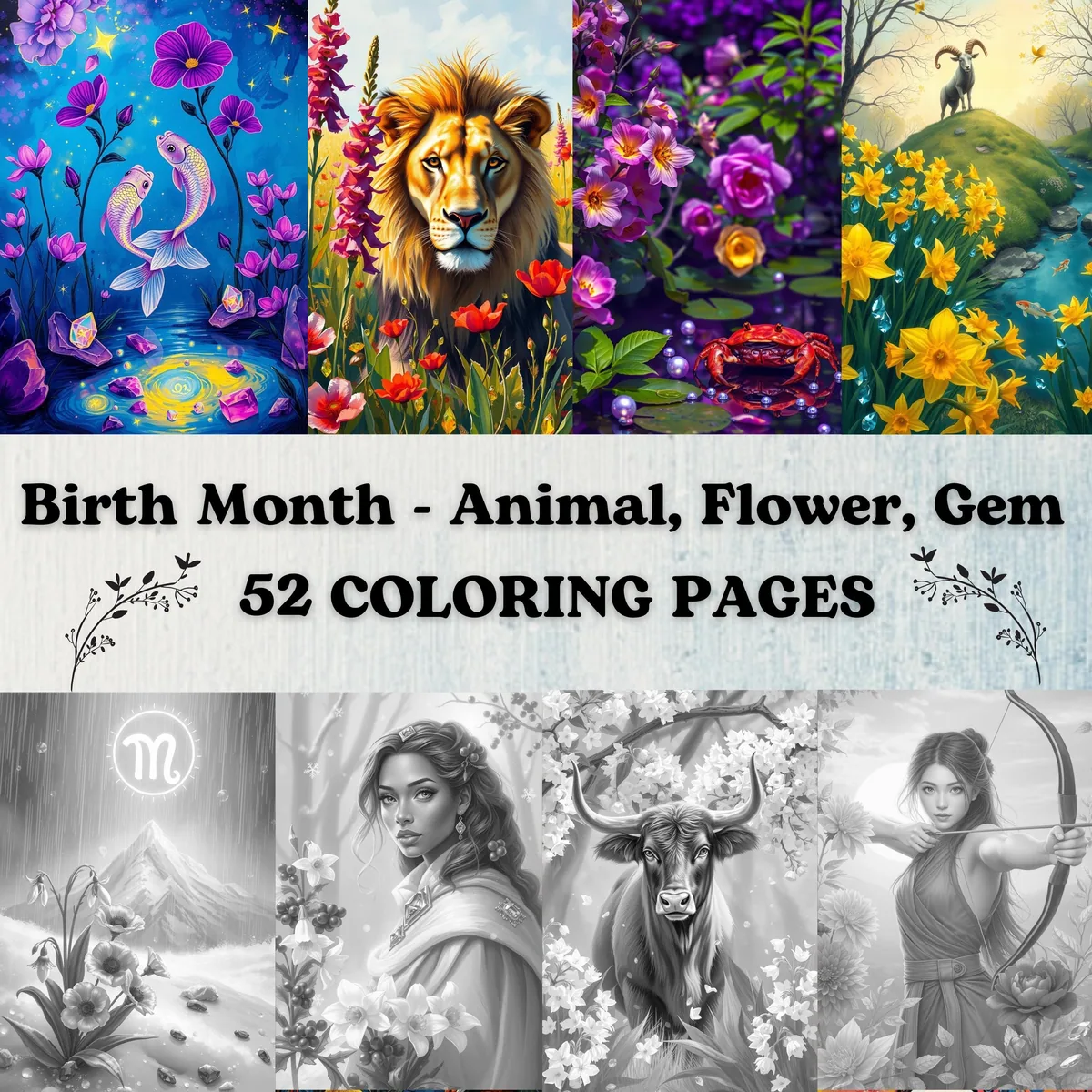 Birth Month Grayscale Coloring Pages