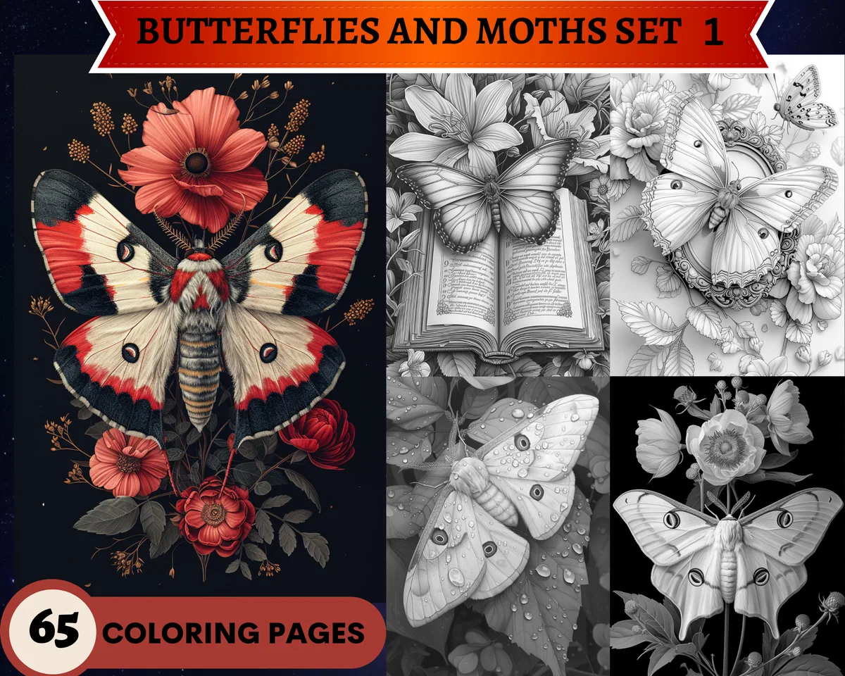 Butterflies and Moths Set 1 Grayscale Coloring Pages