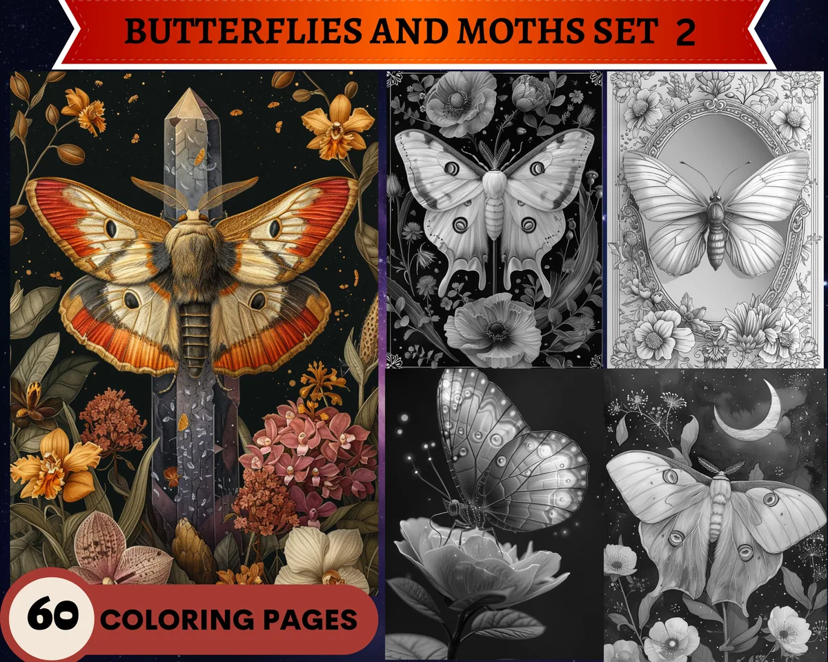 Butterflies and Moths Set 2 Grayscale Coloring Pages