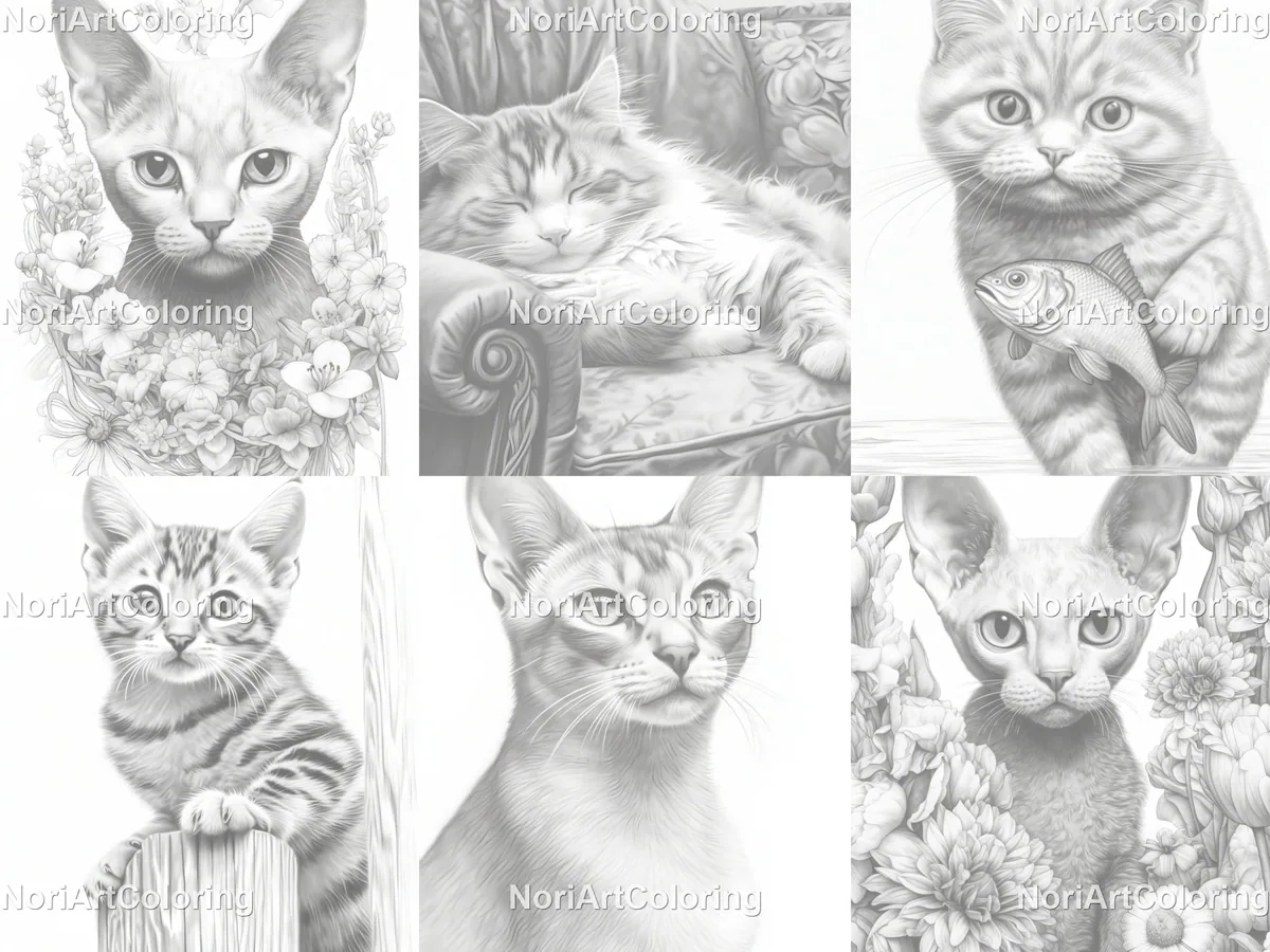 Cats Different Breeds Grayscale Coloring Pages