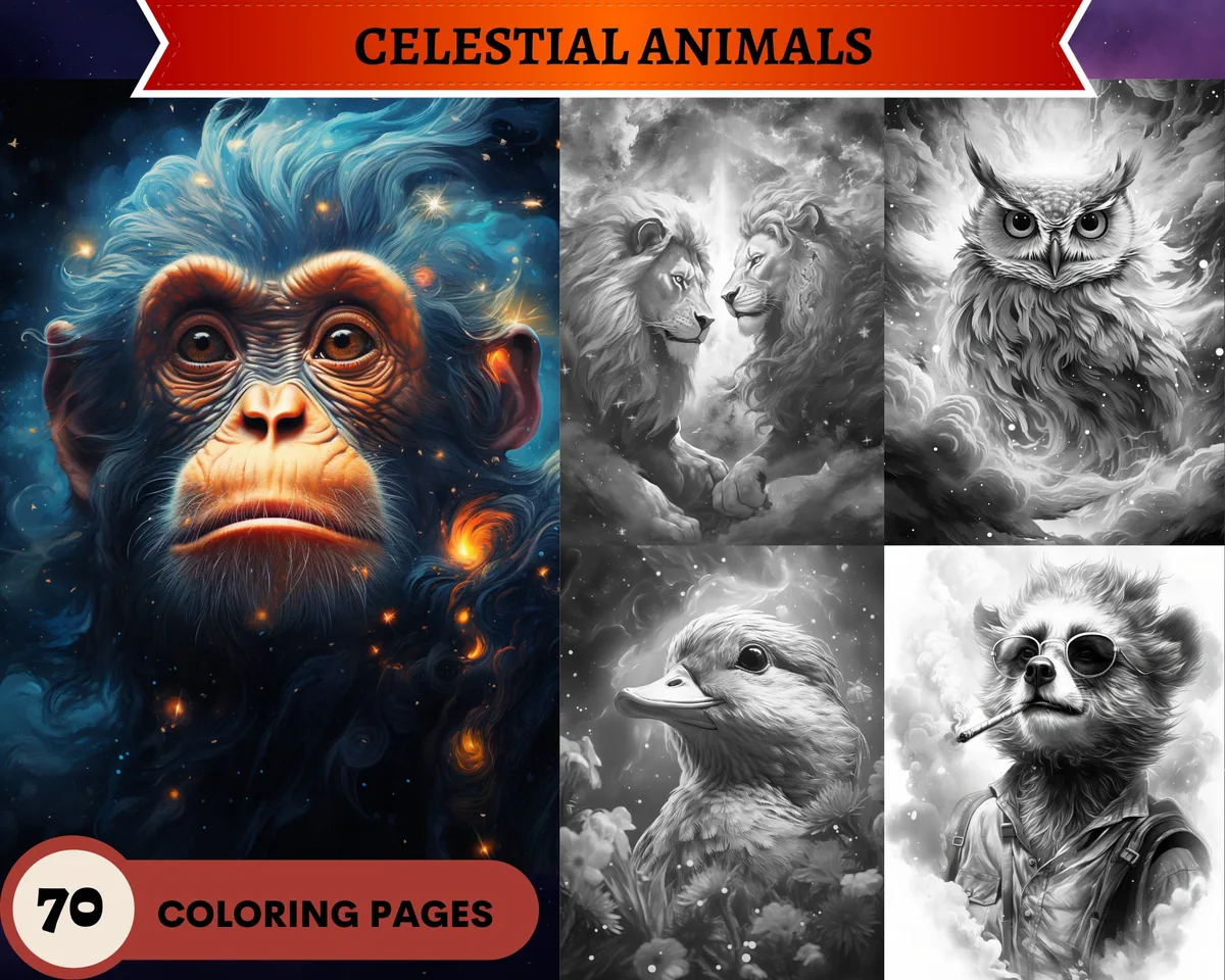 Celestial Animals Grayscale Coloring Pages