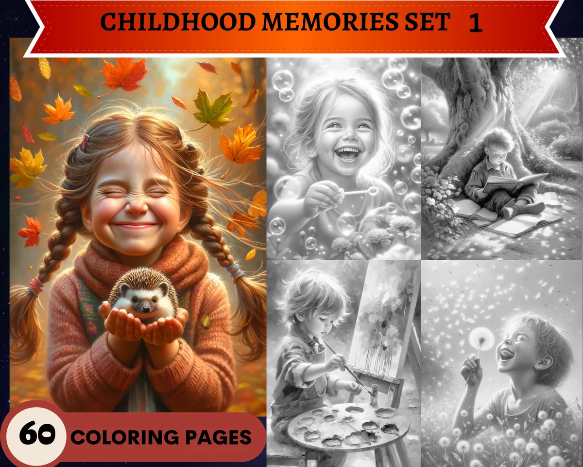 Childhood Memories Set 1 Grayscale Coloring Pages