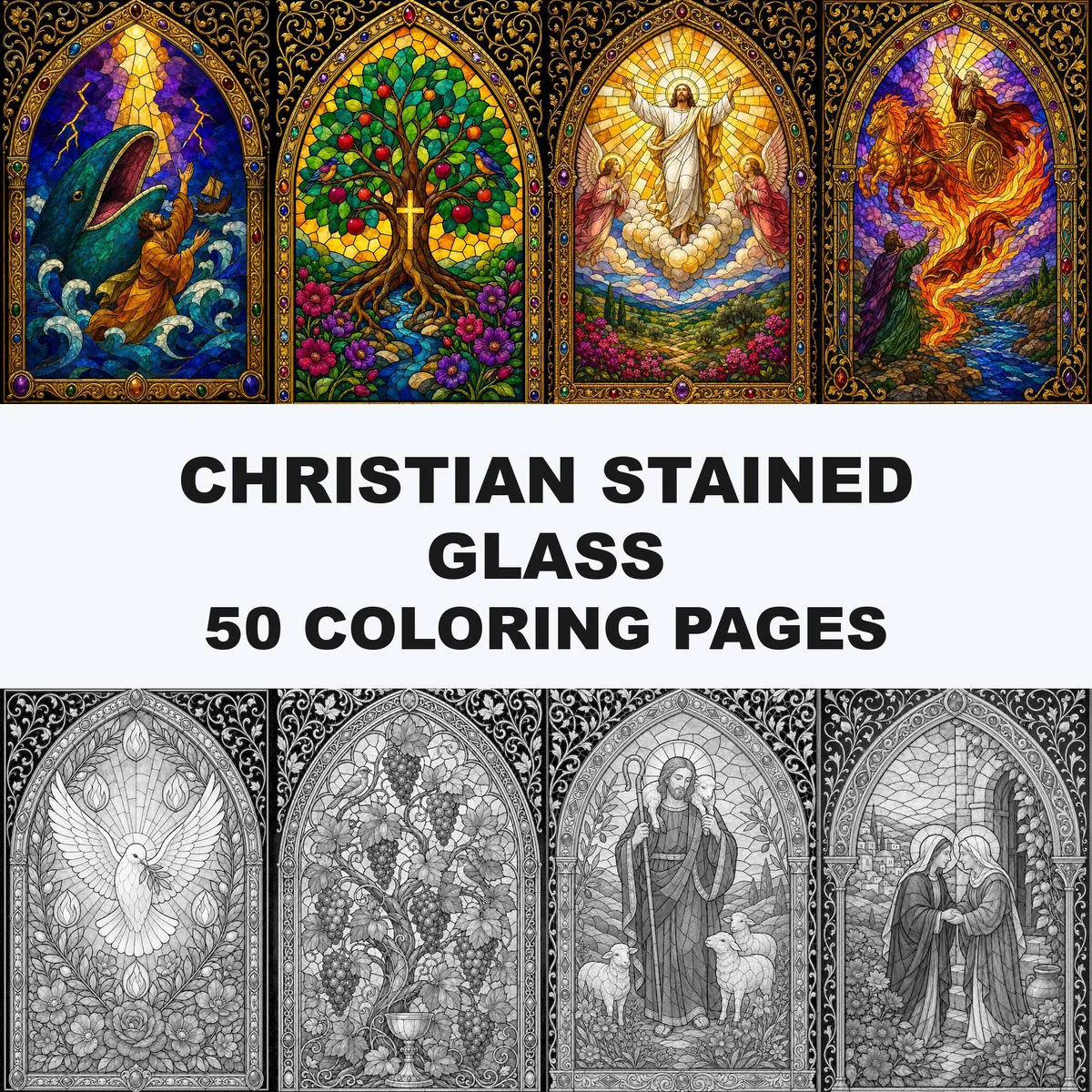 Christian Stained Glass Grayscale Coloring Pages