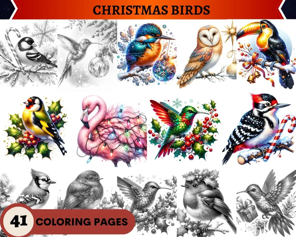 Christmas Birds Grayscale Coloring Pages