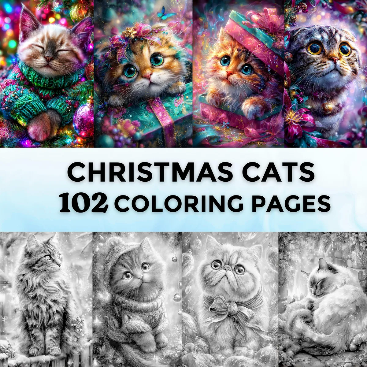 Christmas Cats Grayscale Coloring Pages