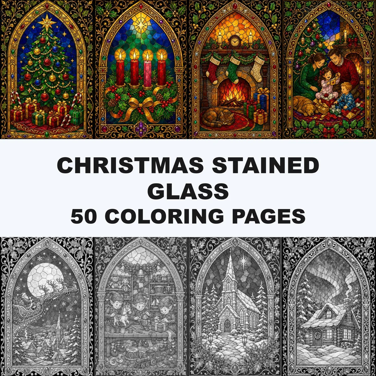 Christmas Stained Glass Grayscale Coloring Pages