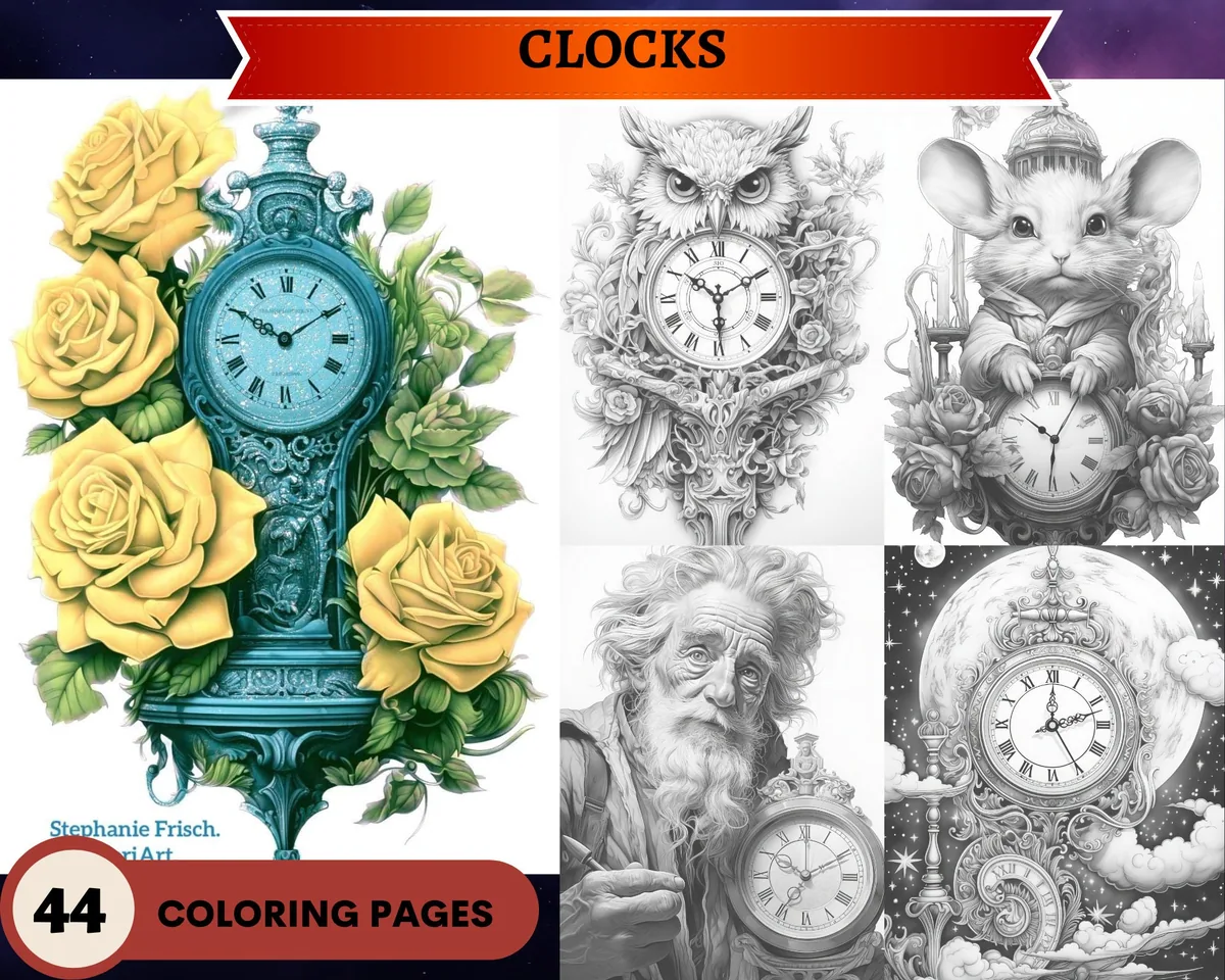 Clocks Grayscale Coloring Pages