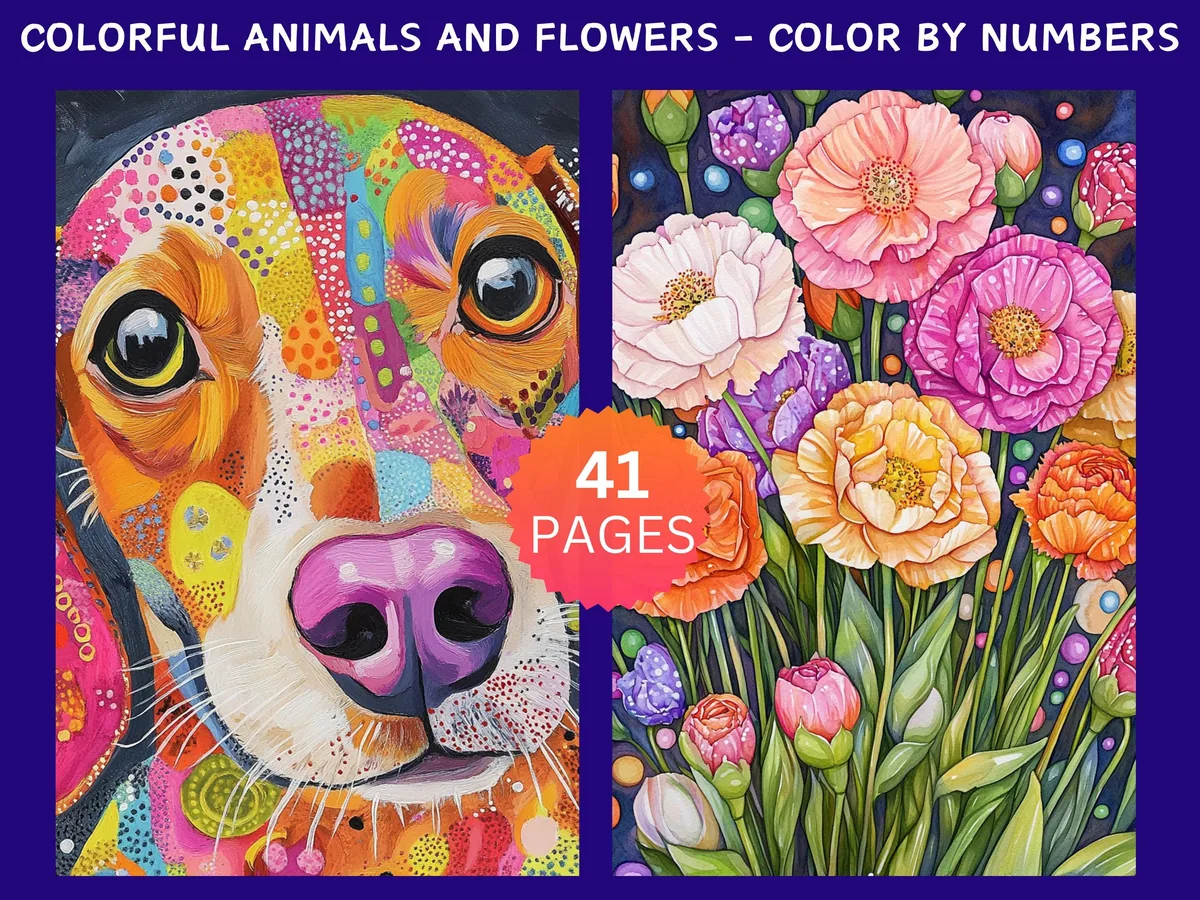 Colorful Animals and Flowers Color by Number