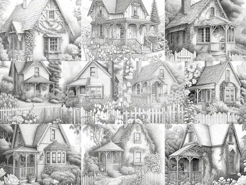 Cottage Gardens Set 1 grayscale coloring pages