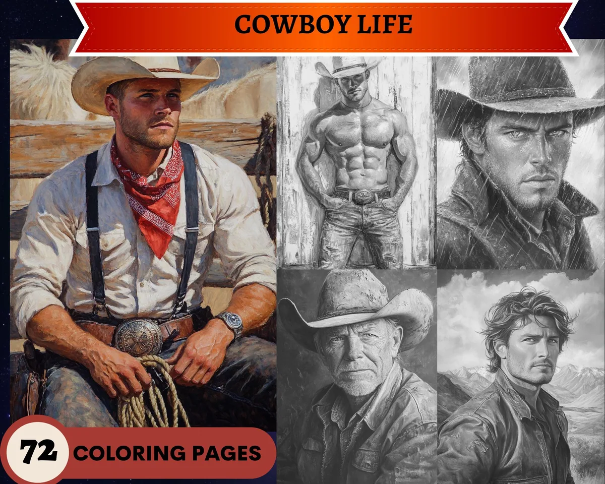 Cowboy's Life Grayscale Coloring Pages