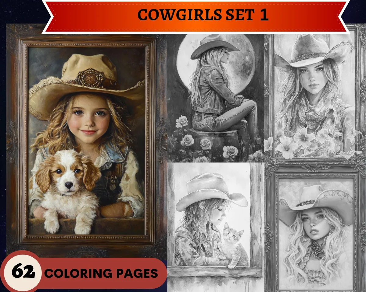 Cowgirls Set 1 Grayscale Coloring Pages