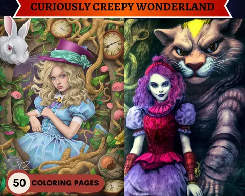 Curiously Creepy Wonderland: Alice in Wonderland grayscale coloring pages