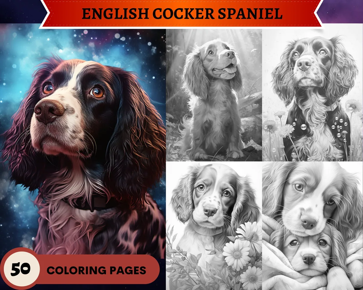 Cute English Cocker Spaniel Grayscale Coloring Pages
