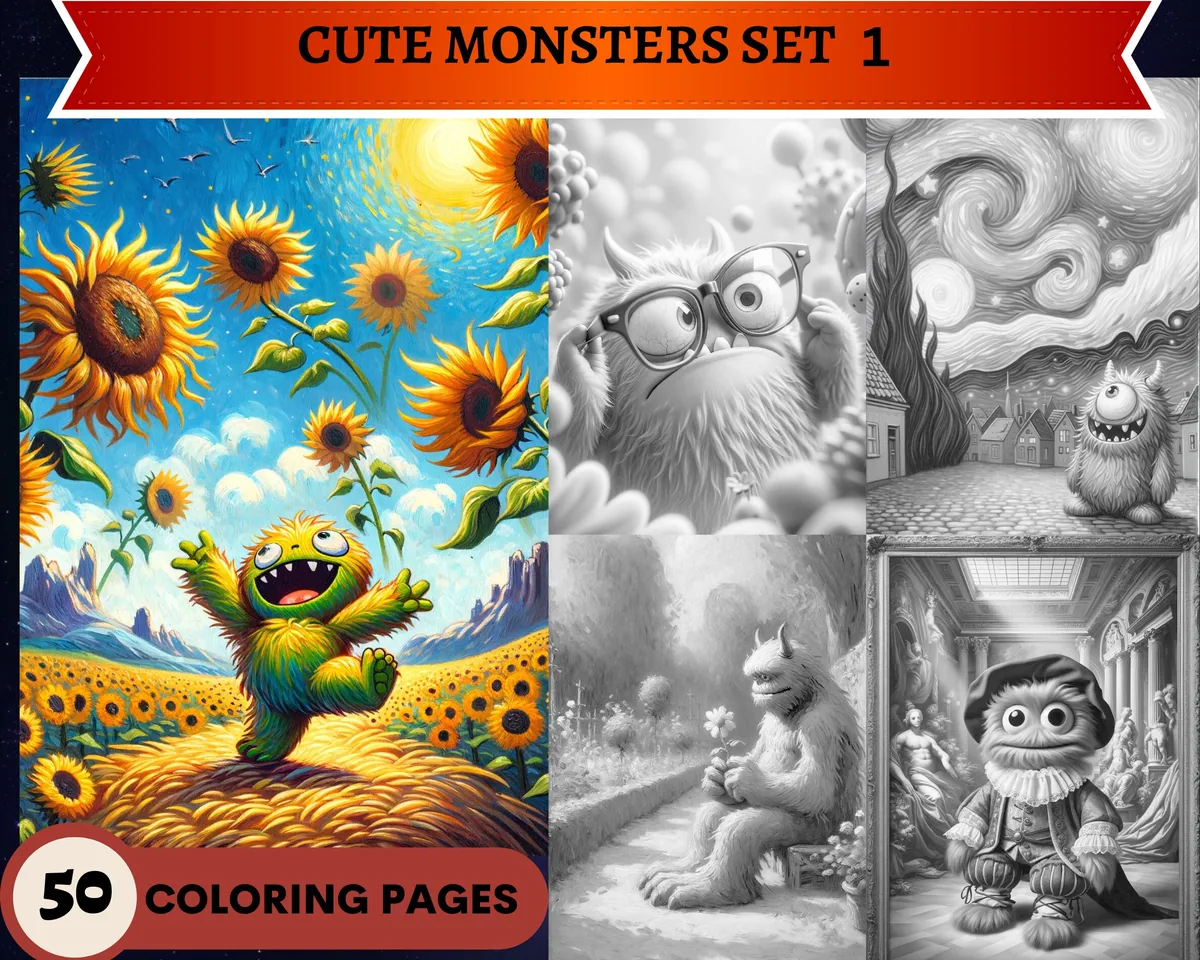 Cute Monsters Set 1 Grayscale Coloring Pages