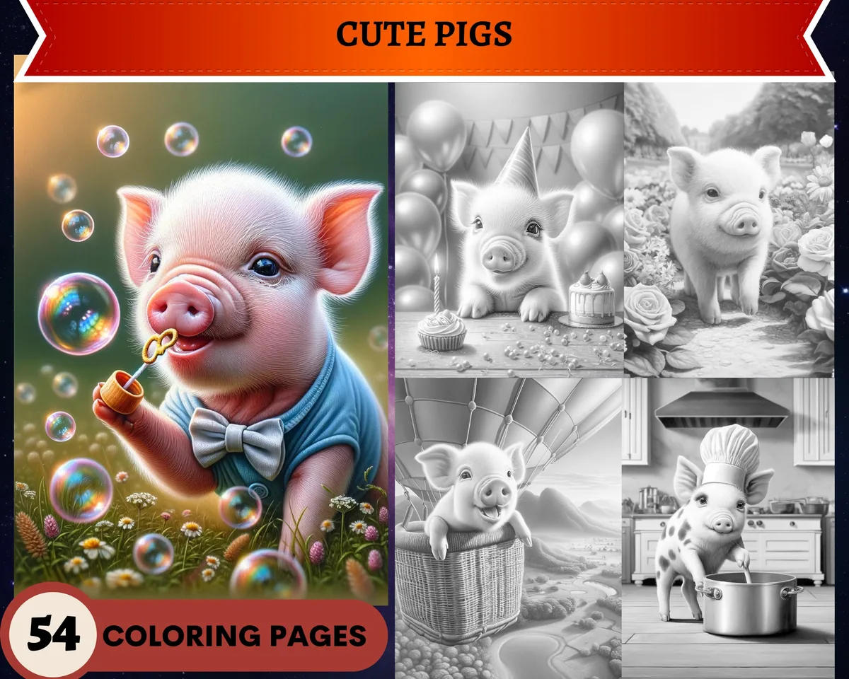 Cute Pigs Grayscale Coloring Pages