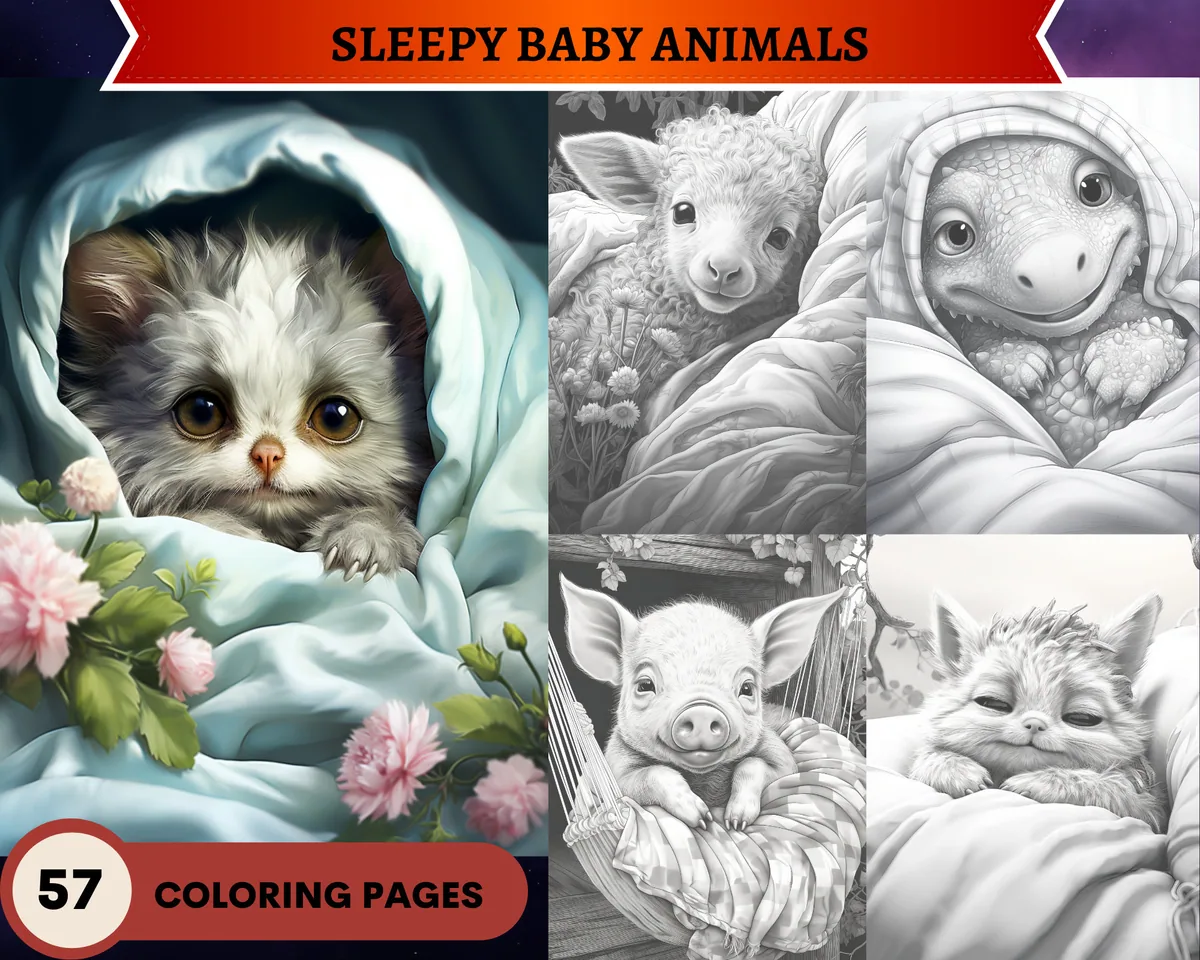 Cute Sleepy Baby Animals Grayscale Coloring Pages