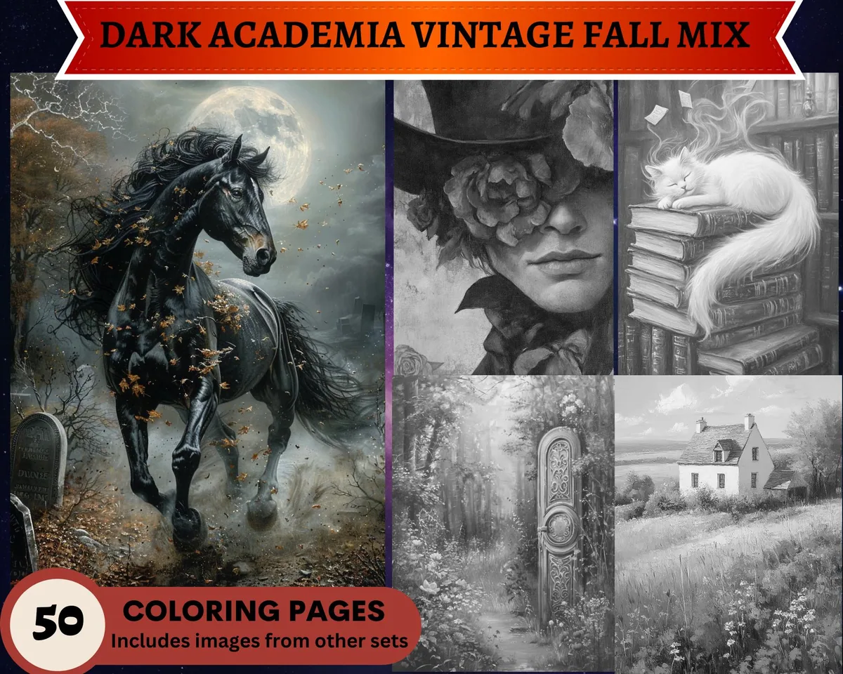 Dark Academia Vintage Fall Mix Grayscale Coloring Pages