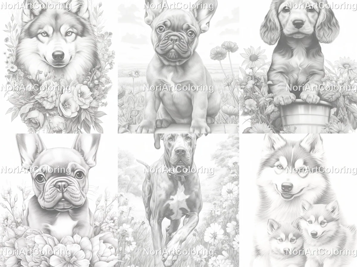 Dogs Different Breeds Set 2 Grayscale Coloring Pages