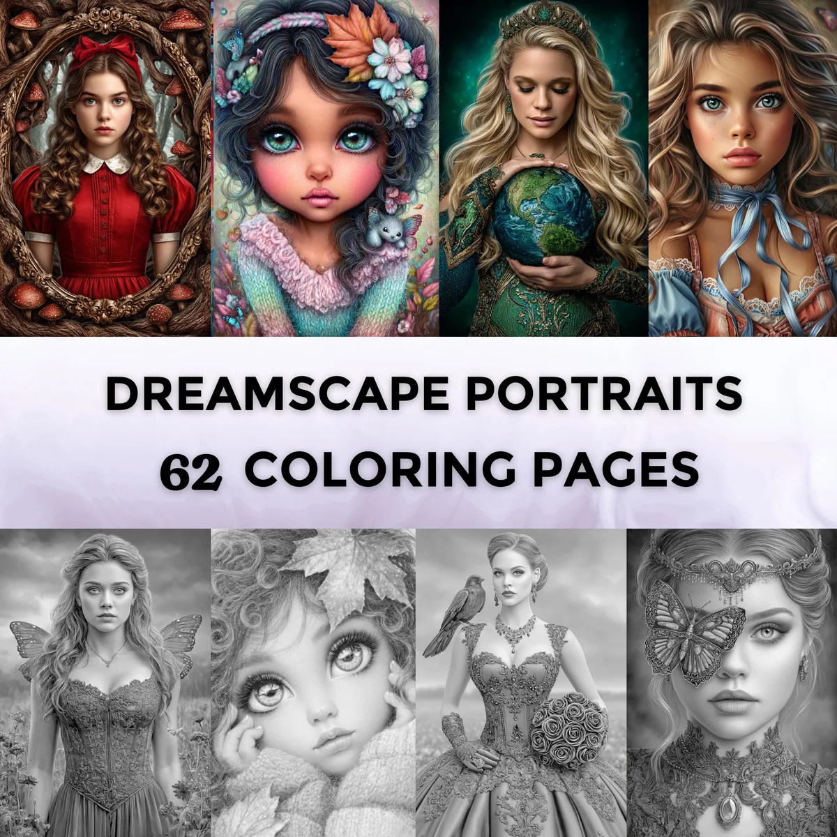 Dreamscape Portraits Grayscale Coloring Pages