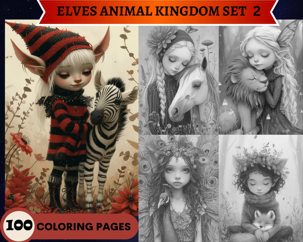 Elves' Animal Kingdom Set 2: Tales of Friendship and Magic Grayscale Coloring Pages