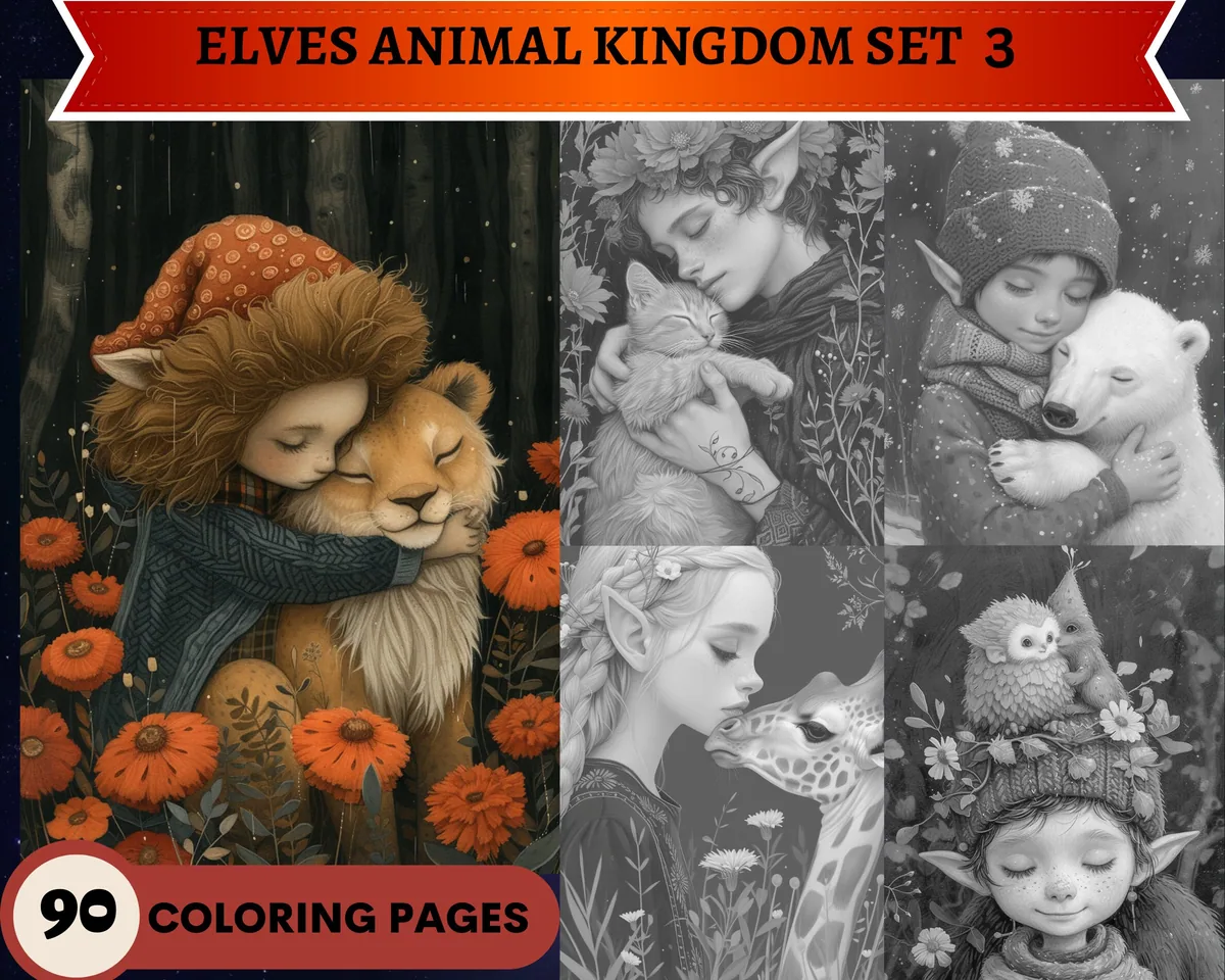 Elves' Animal Kingdom Set 3 Grayscale Coloring Pages