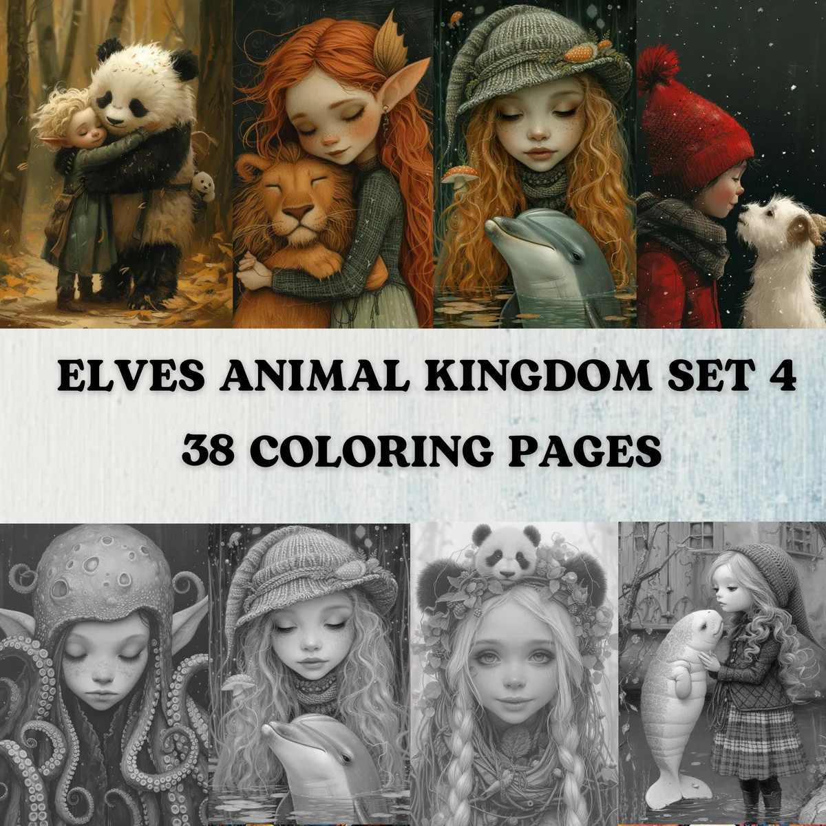 Elves' Animal Kingdom Set 4: Tales of Friendship and Magic Grayscale Coloring Pages