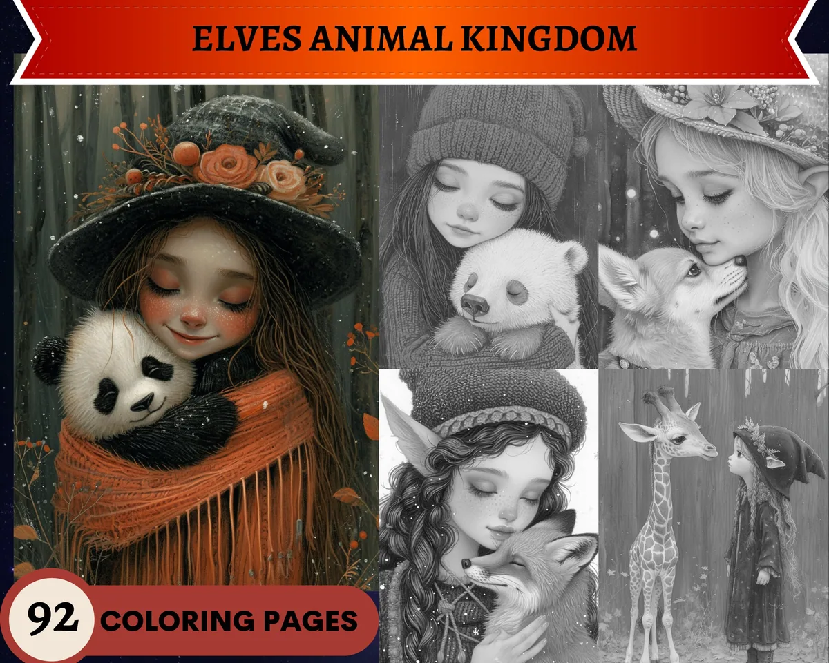 Elves' Animal Kingdom: Tales of Friendship and Magic Grayscale Coloring Pages