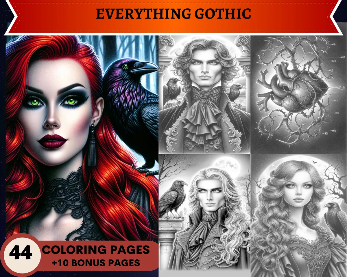 Everything Gothic + 10 Bonus Pages Grayscale Coloring Pages